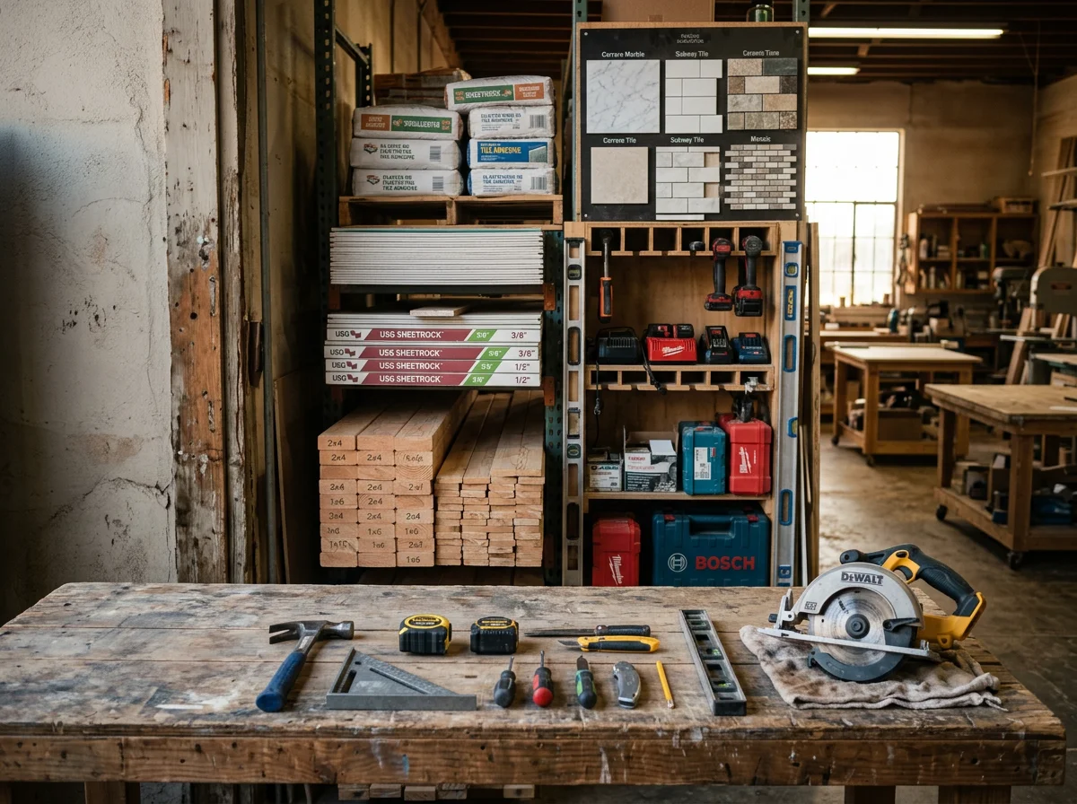 Construction site with tools and materials ready for home remodeling work.