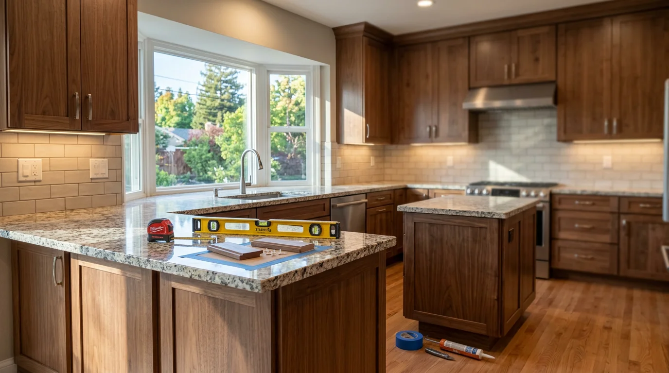 Interior construction work including cabinet and countertop installation