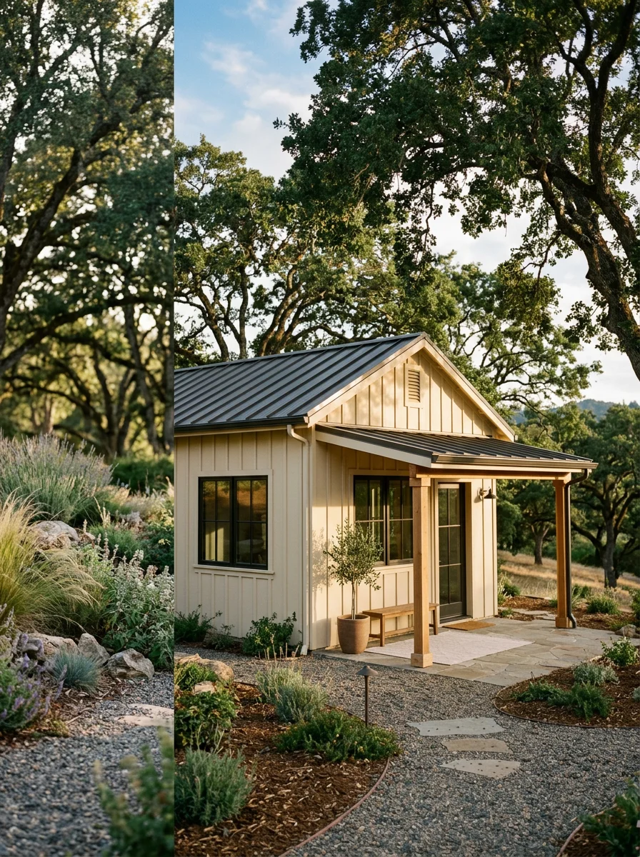 A detached ADU on a large Alamo residential lot with board-and-batten siding, a covered porch, and mature oak trees in the background.
