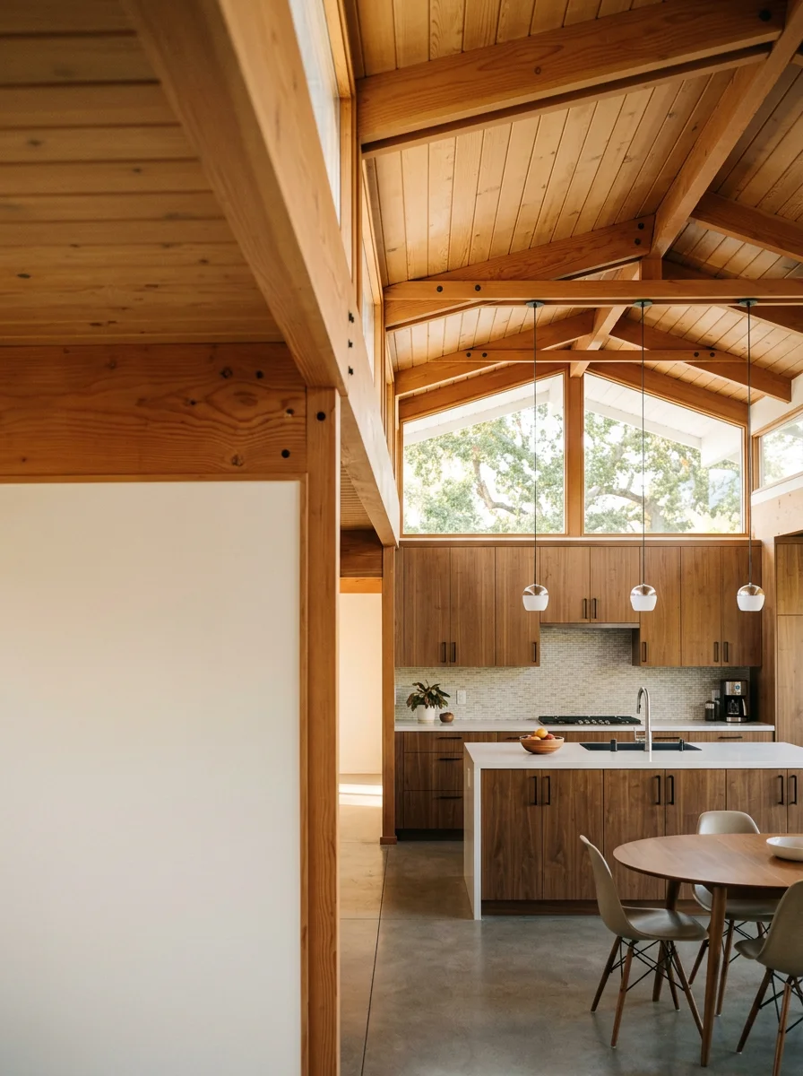 The interior of a remodeled Eichler home in Concord showing post-and-beam ceiling structure, updated kitchen cabinetry, and original clerestory windows preserved.