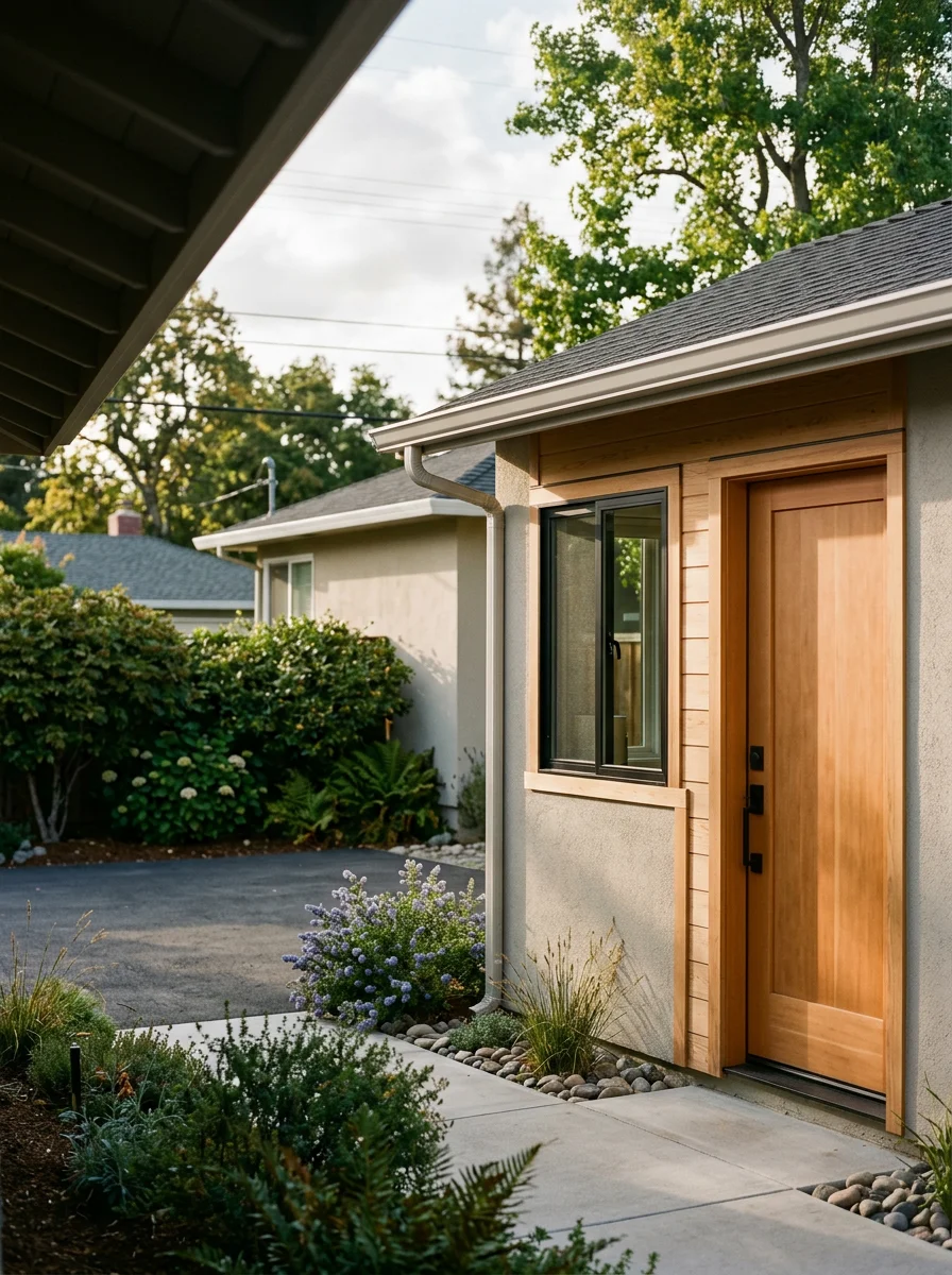 A converted garage ADU in Pleasant Hill with a new entry door, window, and exterior paint, attached to a 1960s single-family home on a suburban lot.