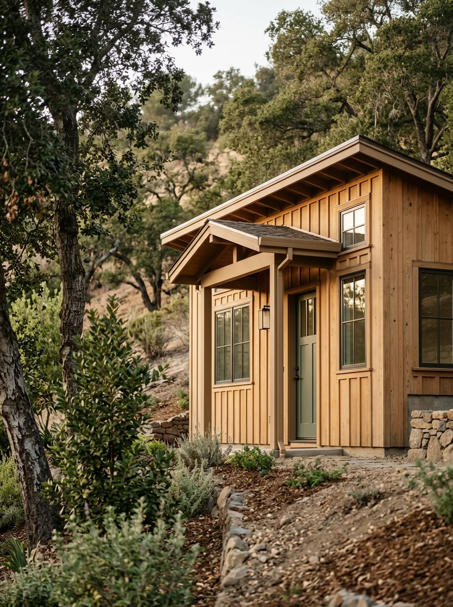 A newly constructed detached ADU in a Walnut Creek backyard, with board-and-batten siding and a small covered entry, set against a hillside lot.
