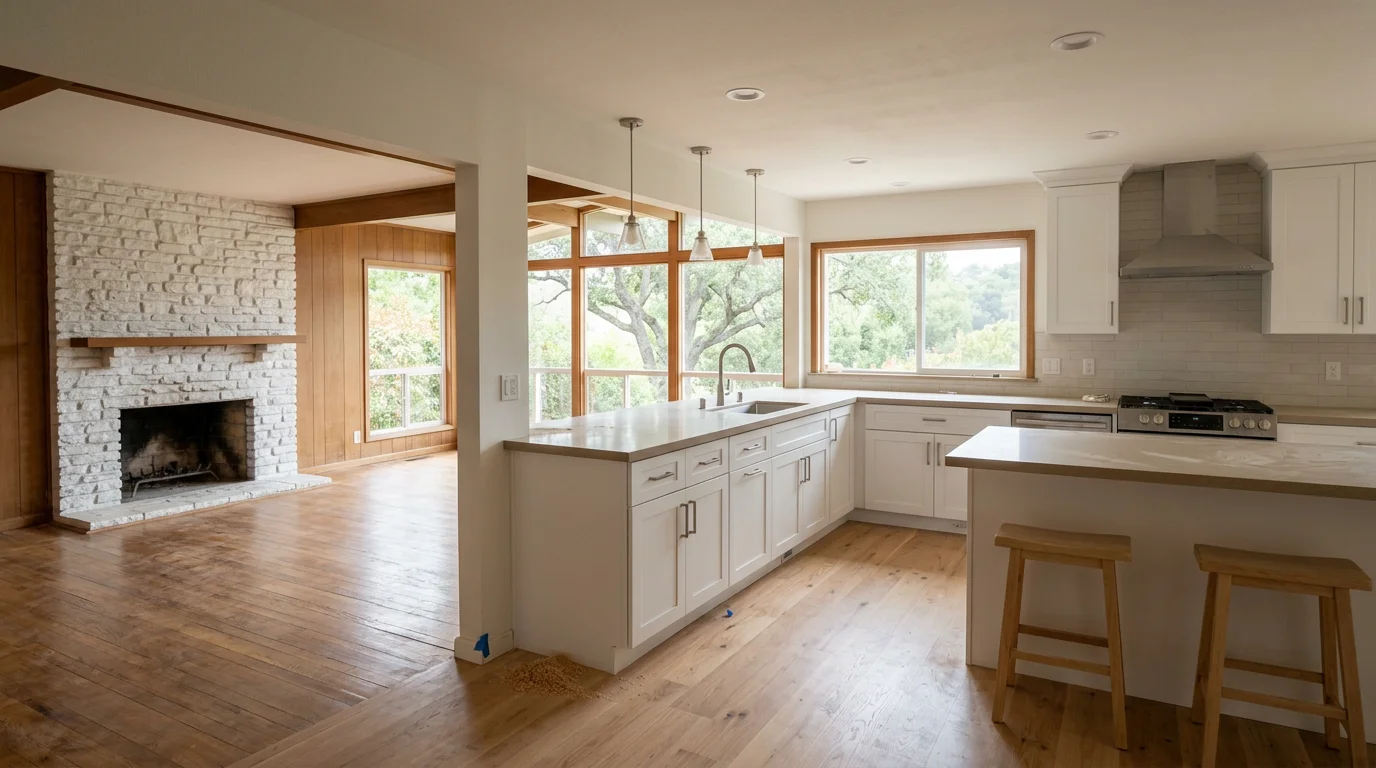 A remodeled open-concept kitchen inside a 1970s ranch home in Walnut Creek, CA, with new cabinetry, stone countertops, and a removed wall opening to the living area.