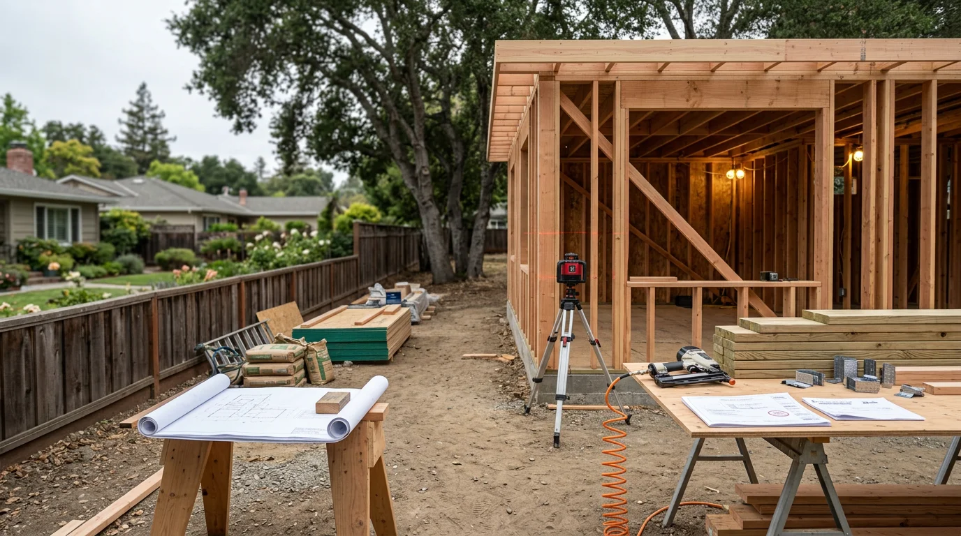 A newly constructed detached accessory dwelling unit in a residential backyard in Walnut Creek, California, showing a finished exterior with a private entrance separate from the main house. The compact single-story structure sits on a landscaped lot typical of Walnut Creek single-family neighborhoods.