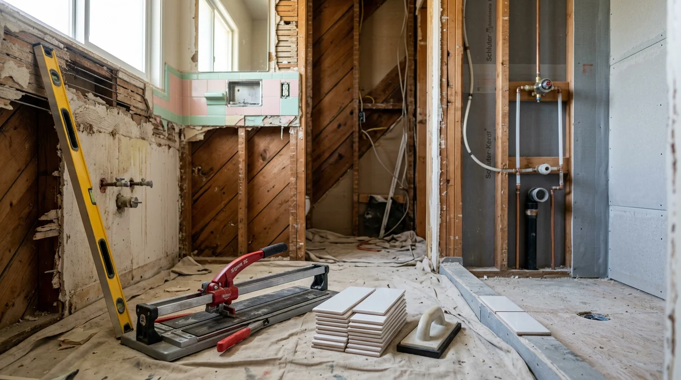 A remodeled bathroom in a Walnut Creek, CA home showing updated tile work, a new vanity, and a walk-in shower with fresh waterproofing. The space reflects a clean, functional layout suited to a mid-century ranch-style home.