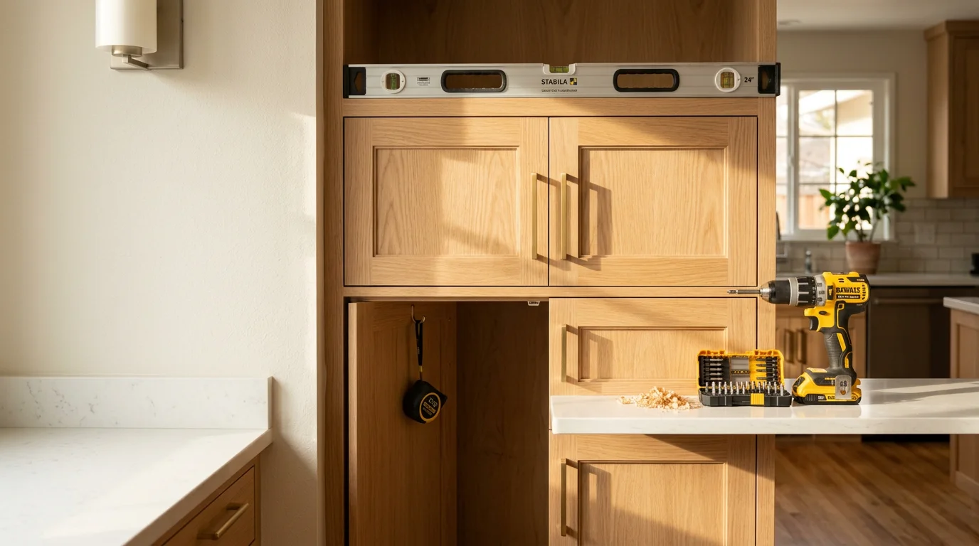 Newly installed kitchen cabinets in a Walnut Creek, CA home, showing upper and lower cabinet runs with clean door alignment and finished trim. Interior view of a residential kitchen cabinet installation completed by Titan General Construction.