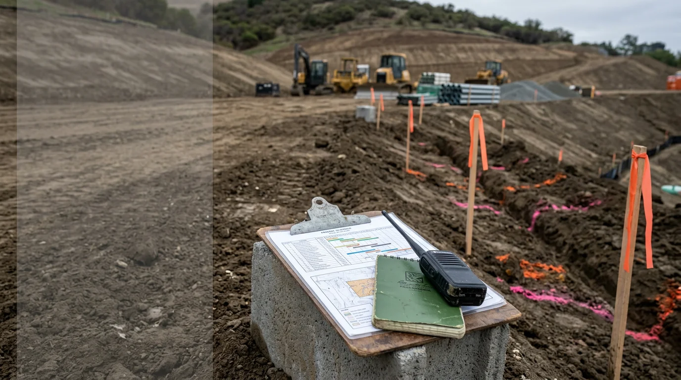 A residential construction site in Walnut Creek, CA showing multiple trades working in sequence on a framed structure. A sole contractor reviews a site plan while coordinating activity between workers on the job.