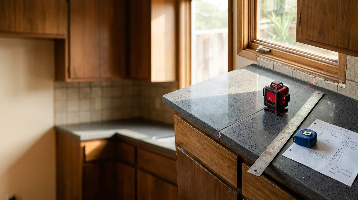 Newly installed countertop in a Walnut Creek, CA kitchen showing a clean surface fit against base cabinets with no visible gaps. Interior construction work by Titan General Construction.
