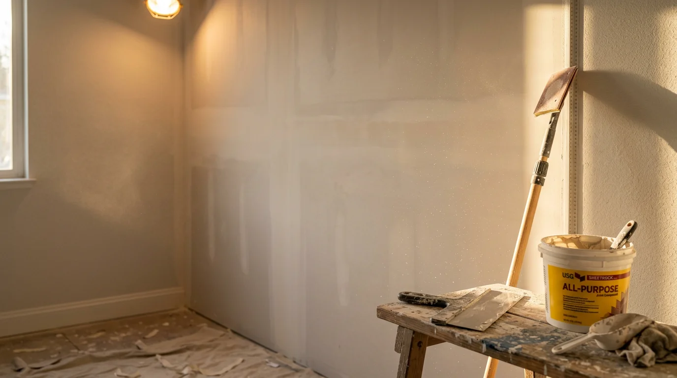 Freshly finished interior drywall walls and ceiling in a Walnut Creek, CA home, showing smooth, sanded surfaces ready for primer and paint. Close view of taped and mudded seams blended flush with the wall field.