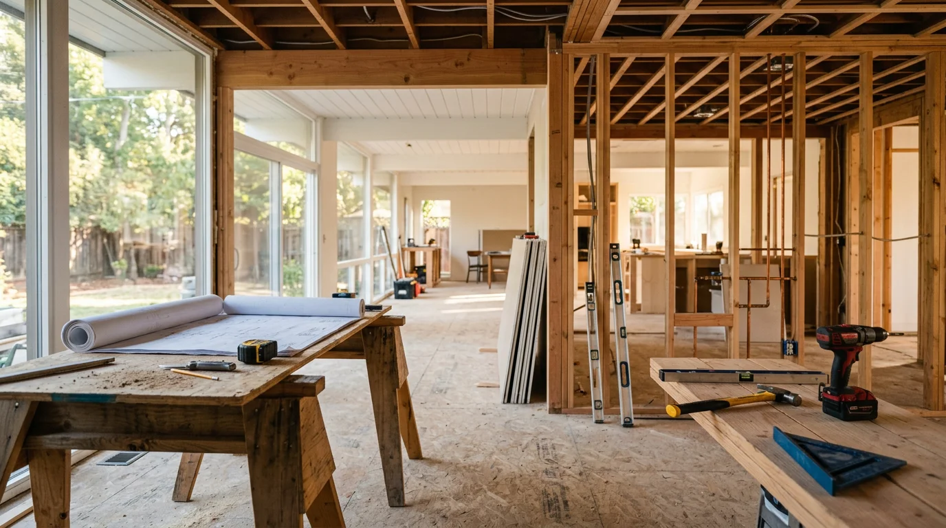 A fully renovated single-story ranch home interior in Walnut Creek, CA, showing an open floor plan with updated finishes throughout the living and dining areas. The renovation reflects the mid-century home style common across Walnut Creek neighborhoods.