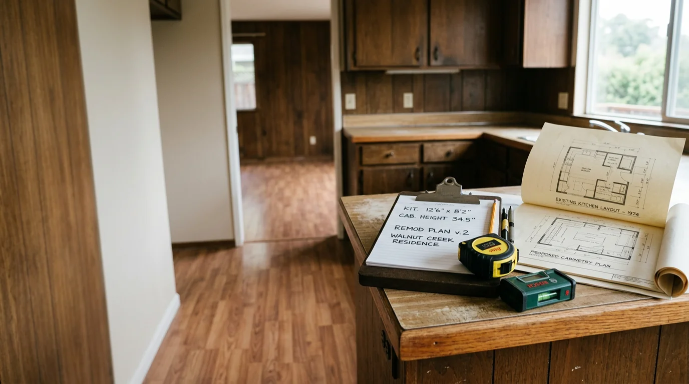 A Walnut Creek homeowner and a general contractor reviewing upgrade options in a dated single-story home interior. The contractor points to structural and finish details during an on-site consultation.