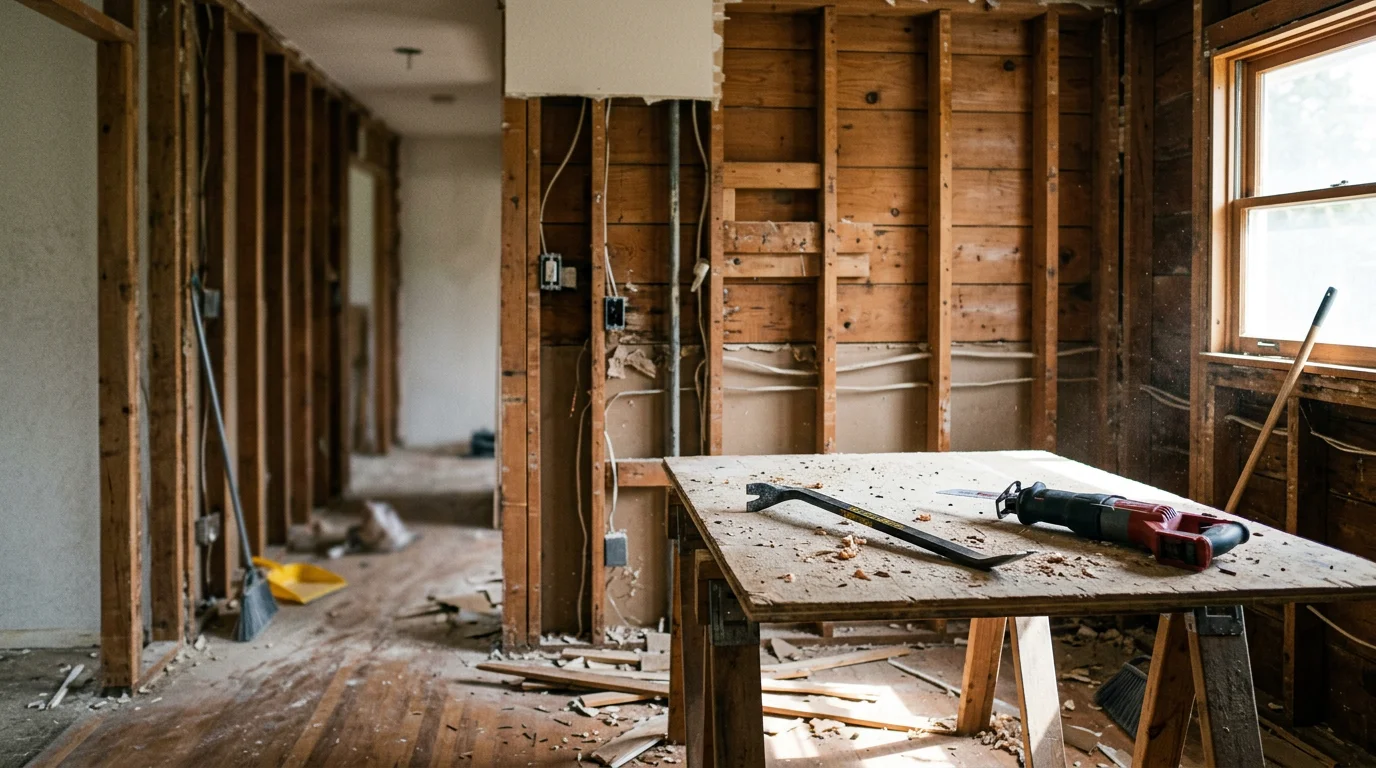 Interior demolition in progress inside a Walnut Creek, CA home, with drywall and wall framing removed down to the studs in preparation for a kitchen remodel. Debris is cleared from the floor and the surrounding structure remains undamaged.