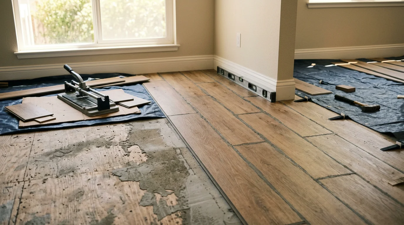 Freshly installed interior flooring in a Walnut Creek, CA home, showing clean room-to-room transitions and a level surface across a residential living area.