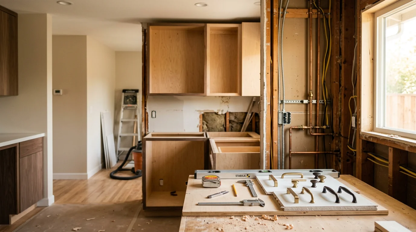 Remodeled kitchen interior in a Walnut Creek, CA home featuring updated cabinetry, new countertops, and reconfigured layout. General contractor work completed by Titan General Construction.