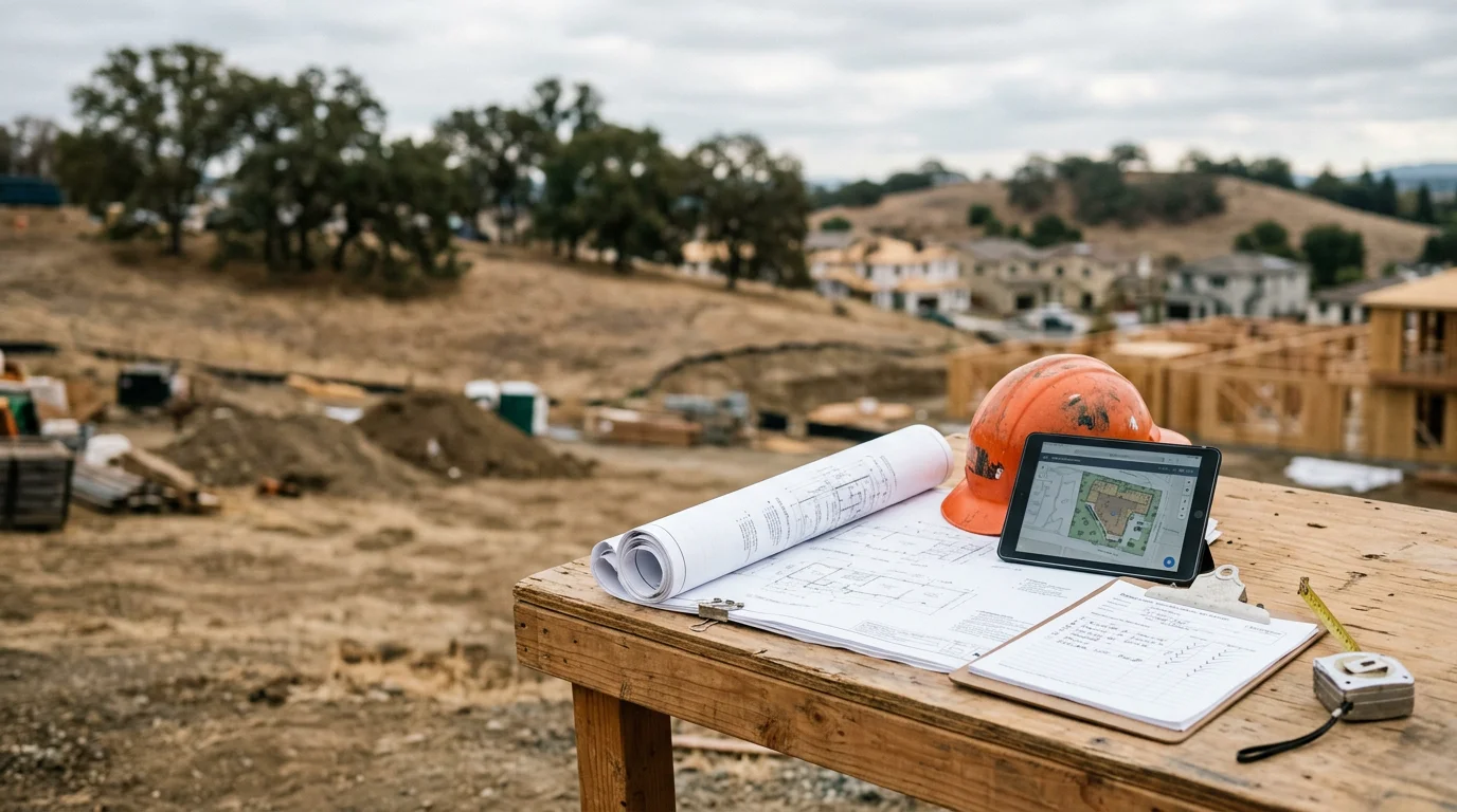 A construction job site in Walnut Creek, CA showing organized material staging and active trade coordination. A sole proprietor contractor reviews plans on site during a residential build.