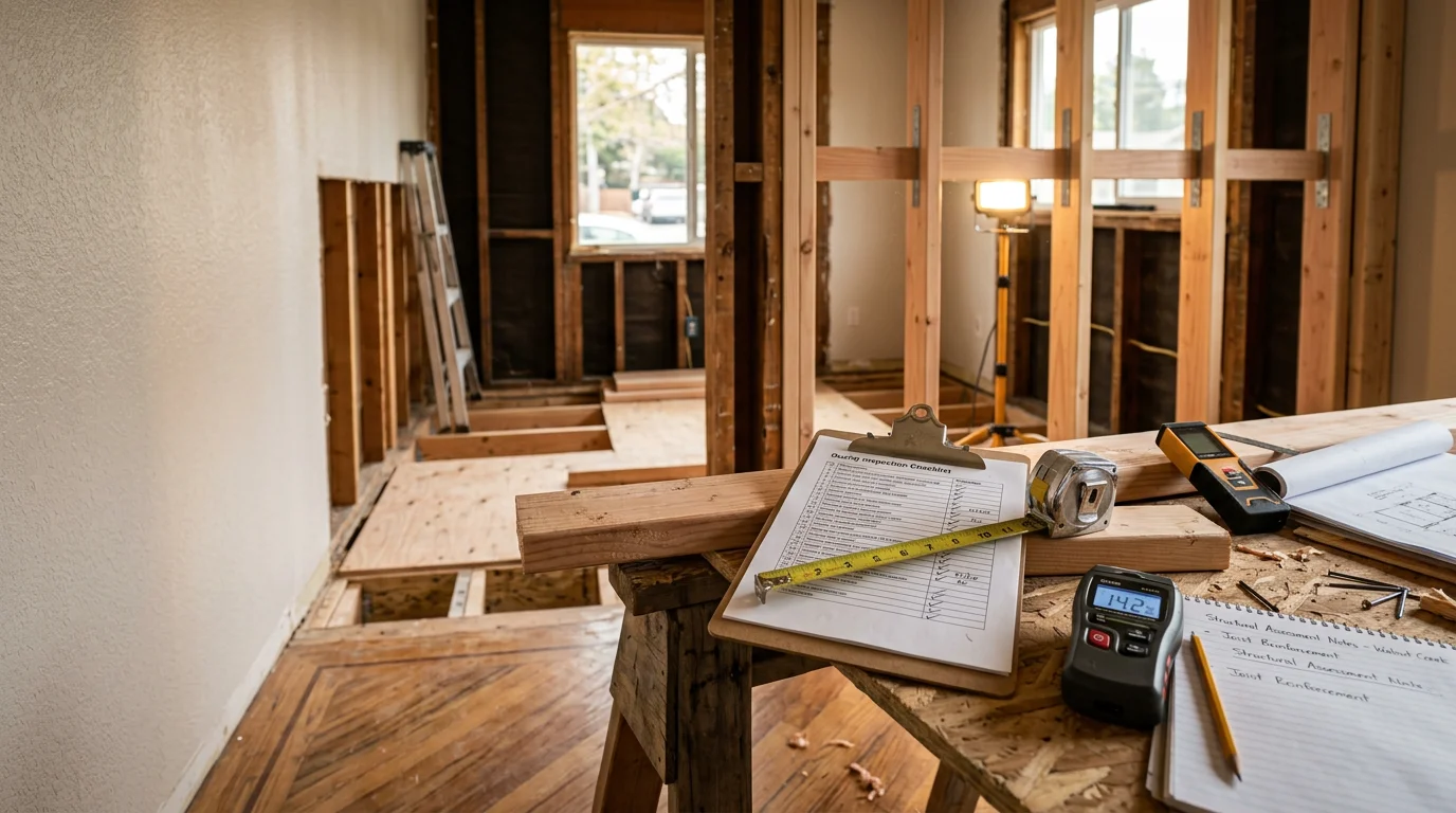 A contractor reviewing completed framing and finish work inside a residential construction project in Walnut Creek, CA. The image shows a close inspection of wall and structural elements at an active job site.