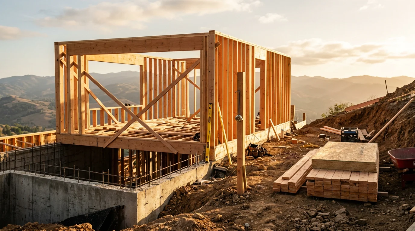 A residential construction project in Walnut Creek, CA showing structural framing in progress on a single-family home. The build site reflects the hillside lot conditions common to Contra Costa County neighborhoods.