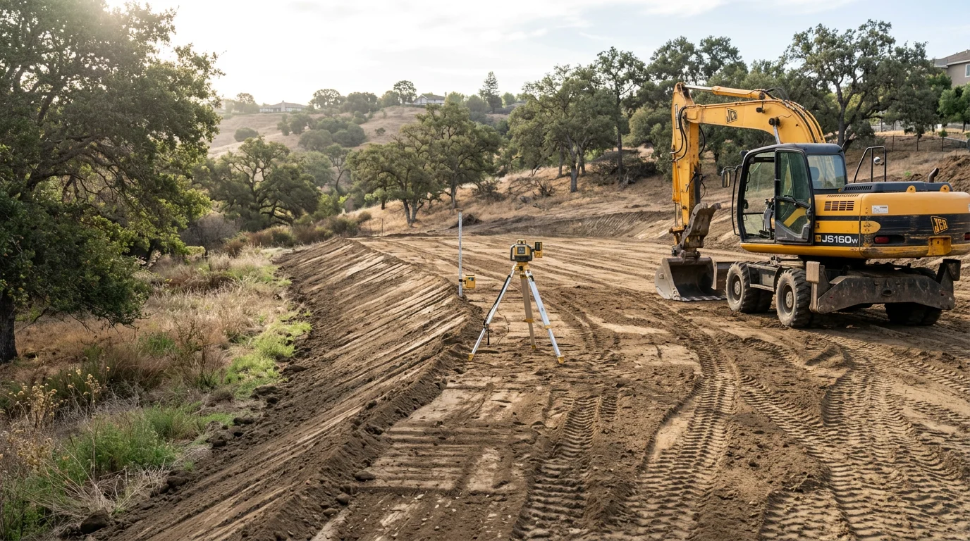 A graded and cleared residential lot in Walnut Creek, CA, with compacted soil ready for foundation work. The site shows level ground and no debris, set against the area's characteristic dry hillside terrain.